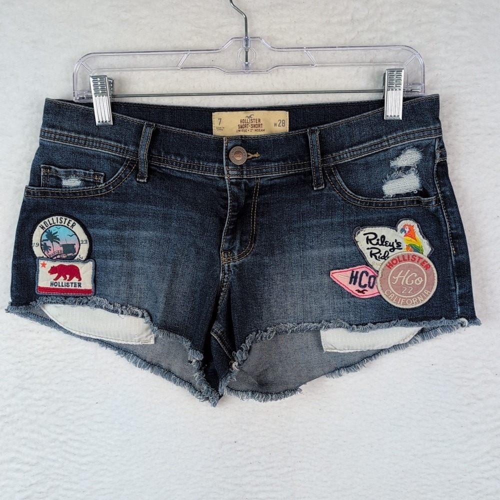 VTG Hollister Denimβ Short Shorts Sz 7 Low Rise Y2K Patches Distressed Cut Off